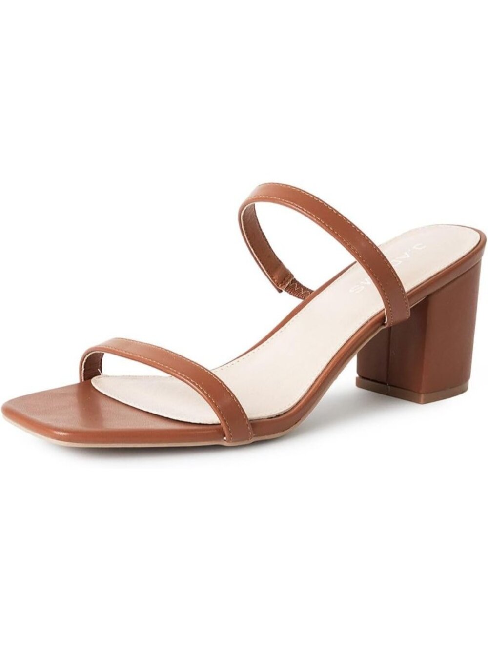Women's Tan Leather Summer Flat Mules Square Toe Double Band Low Block Heel